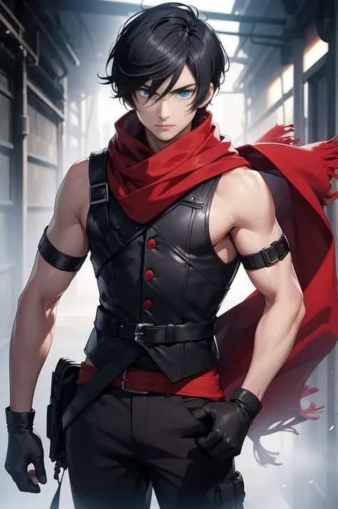 (26 years old), (male), Black hair, (Blue eyes), (Short hair, bang), red scarf, red vest, sleeveless, black pants, black gloves, slim, up to legs