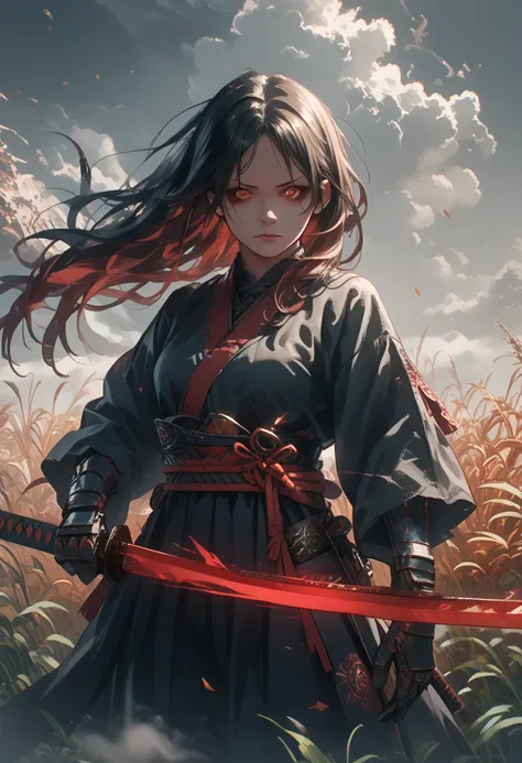 anime girl,with a katana in hand,bright colors,maximum details,hair white,katana black,red eyes,long hair,fluttering in the wind...