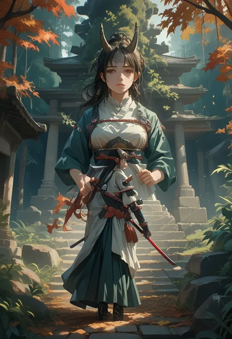 anime,(in the katana stone),girl attractive,suitable for stone,autumn forest,small paved path to the stone,leaves are crumbling,...