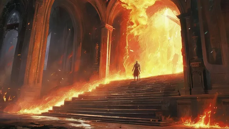 Amid the collapsing grandeur of a burning medieval castle, a  stands as the flames engulf the once-mighty structure. The infernos roar drowns out the sounds of the crumbling walls and shattering windows, casting an infernal light that dances erratically ac...