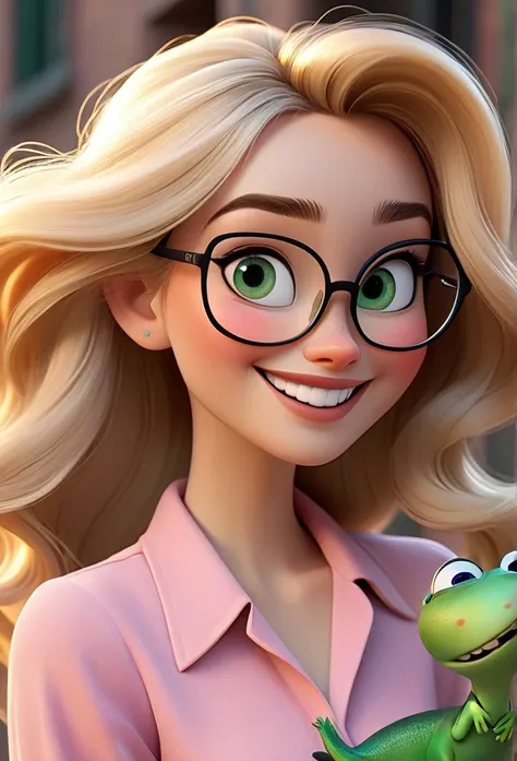 create a disney pixar-style character of a stunning woman. blond, fine and long hair, white skin tone, eyes black, square-shaped...