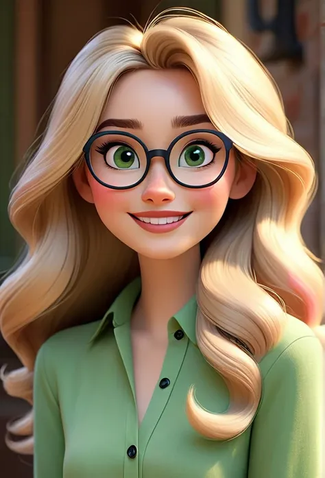 create a disney pixar-style character of a stunning woman. blond, fine and long hair, white skin tone, eyes black, square-shaped...