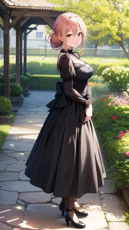 masterpiece, best quality, highres, gahamama, single hair bun, breasts, gothic, black dress, garden, standing, smile,