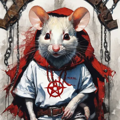 
a sexy female rat with blonde hair and blue eyes, wearing a torn white tee-shirt, with a red pentagram logo on the front, is restrained to a wall, with chains, that are cuffed around its paws.