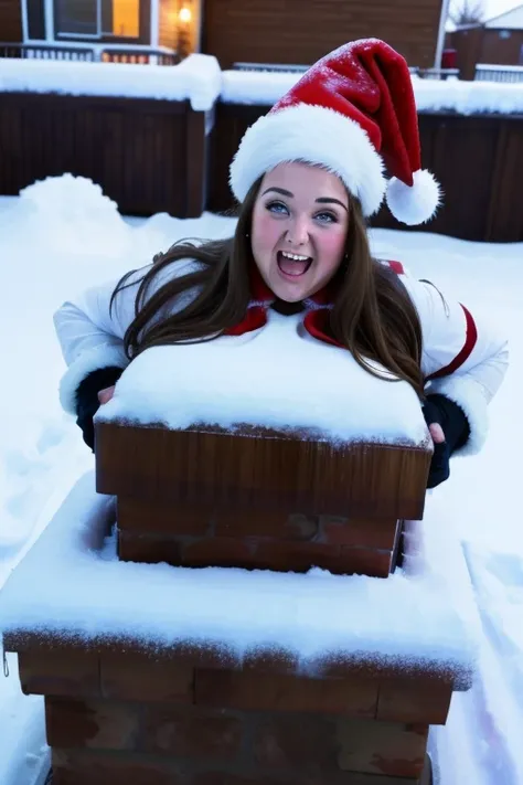 1girl, fat ssbbw santa girl, stuck in chimney, rooftop, snow, solo, large breasts, laughing, struggling, highres, absurdres, she is being lifted out by her girlfriends, she is fully clothed