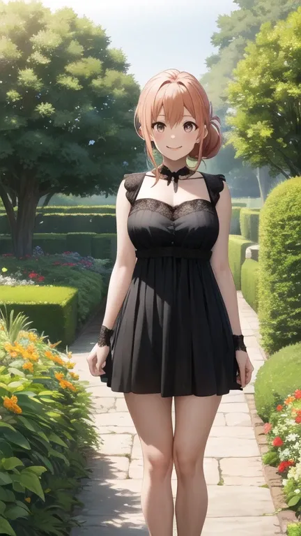 masterpiece, best quality, highres, gahamama, single hair bun, breasts, gothic, black dress, garden, standing, smile,