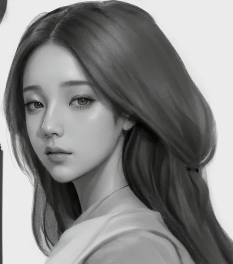 Drawing of a woman with long hair and a white shirt, shading study, digital sketch, portrait study, digital pencil drawing, Picture of blackpink&#39;s Jisoo, digital painting, digital portrait, drawing study, Black and white sketch, digital pain, Side Sket...