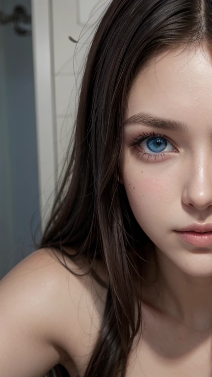 19-year-old brunette woman, blue eyes and a mole under her eye