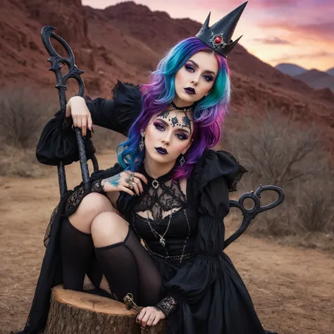 award-winning photography of 1girl, posing for a photo shoot, beautiful, fantastical two toned colorful hair, gothic make up, wearing a diadem, witch symbols on skin, (enchanted and whimsical wonderland in background:1.3), intricate details, cowboy shot, s...