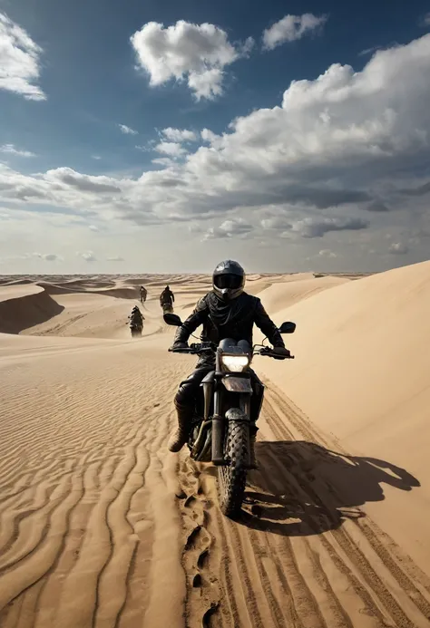 4k quality, ultra-high definition and realistic, the world of the sand planet "Dune". A large river is brown and murky with sand. A young man is riding his motorcycle along the winding sandy road that runs alongside the river. He drives his motorcycle at f...