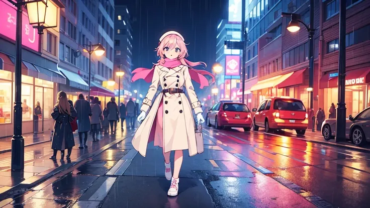 1 girl solo girl wearing a fully buttoned up and belted buckle beige trench coat with a large pink winter wool scarf and white gloves carrying her large pink purse at the hard windy rainy night city street full body 8k