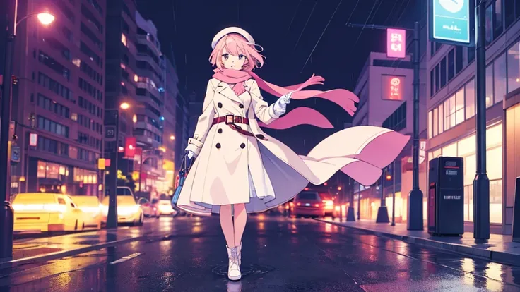 1 girl solo girl wearing a fully buttoned up and belted buckle beige trench coat with a large pink winter wool scarf and white gloves carrying her large pink purse at the hard windy rainy night city street full body 8k