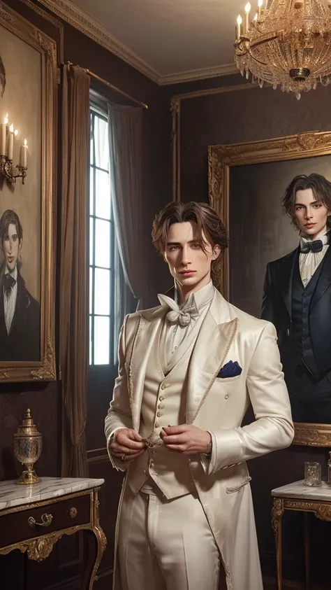 (long shot) (a large, artfully framed painting by a rotten Dorian Gray hanging on the wall of a spacious room. The painting shows him in a rotten state: his hair is dull and stringy, blue eyes sunken and surrounded by deep, dark eye sockets . The symmetric...