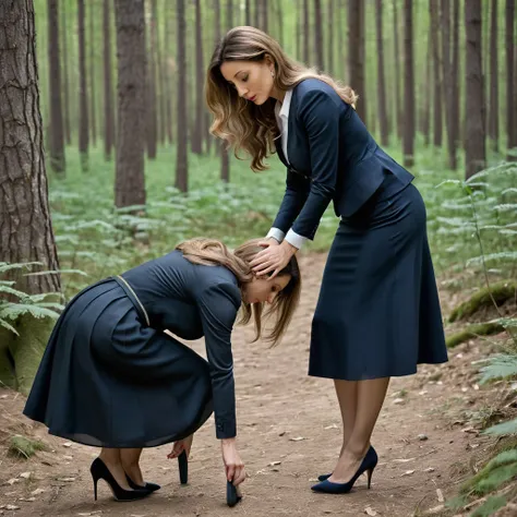 fine art portrait of a very elegant 35yo european woman, ((bending down to her child)), in the forest, highest quality, sexy fac...