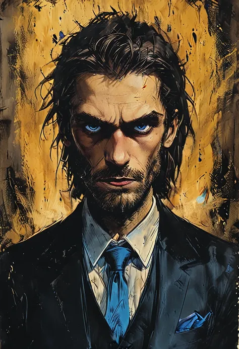 (long shot) (a large, artfully framed painting by a rotten Dorian Gray hanging on the wall of a spacious room. The painting shows him in a rotten state: his hair is dull and stringy, blue eyes sunken and surrounded by deep, dark eye sockets . The symmetric...