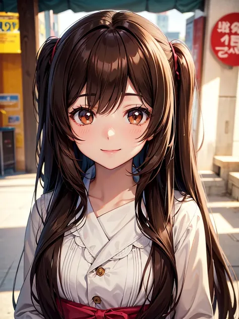 Brown hair. Long hair. Anime girl. Asian girl. Ulzzang. Brown eyes. Smiling. 