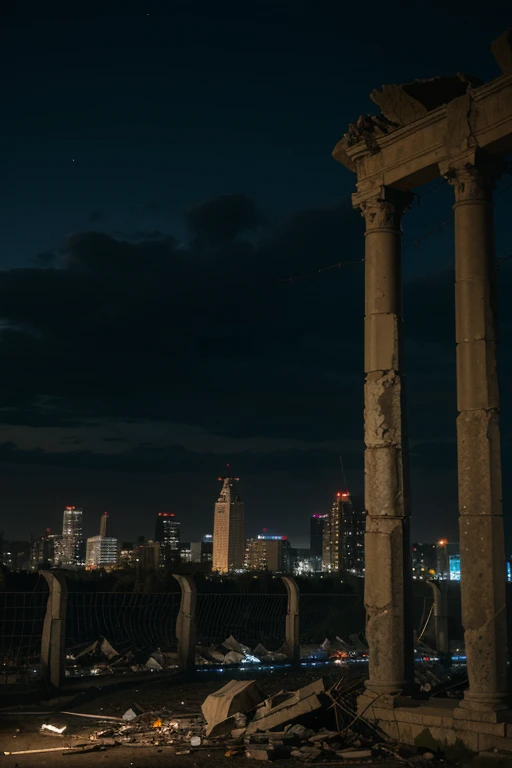 Destroyed city ruins, Barbed wire at night 