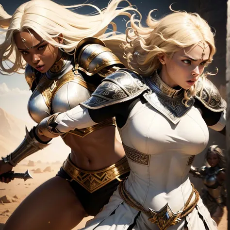 a beautiful blonde woman in white armor, a black woman in african tribal warrior attire wielding a sword, two women fighting, detailed facial features, high quality, realistic, intricate details, dramatic lighting, cinematic composition, vibrant colors, ep...