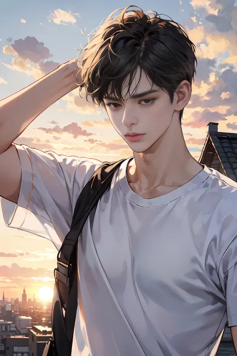 (absurd, mackerel, very detailed, realistic, ), 1 Boy,mature, alone, black short hair, white t shirt,brown eyes，(look at the sky),,I look at the sunset while blowing my hair on the roof of a building., Ultra-detailed, best quality, detailed diagram, Vector...