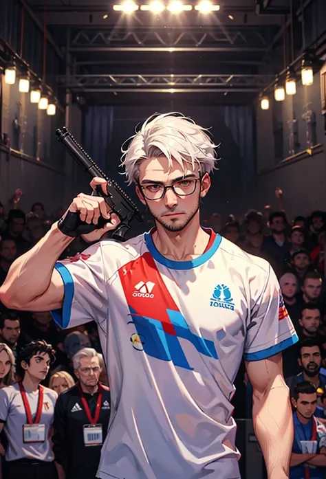 A middle age Turkish gunner player with medium white  hair, wearing eyeglasses, wearing white T-shirt screen word Turkey holding a sport airsoft pistol in front of a crowd, thierry doizon, christian dimitrov, france, emad mostaque, inspired by Ion Andreesc...