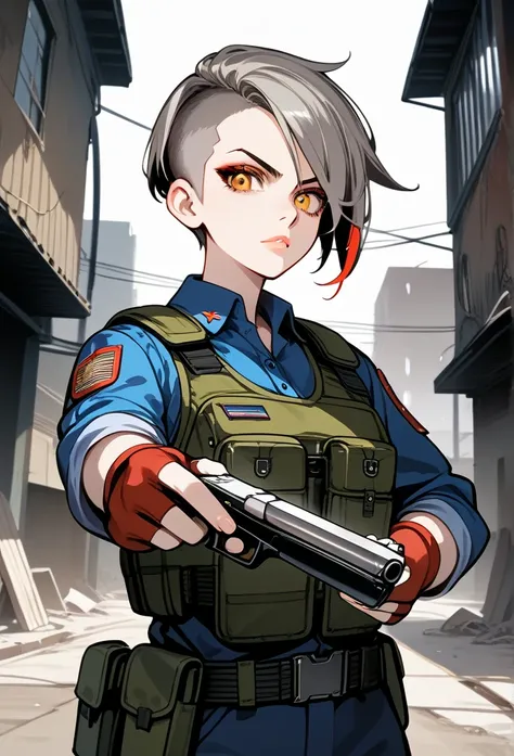 masterpiece, best quality, mature woman, (buzzcut hairstyle), gray hair, (villainous eyes), amber eyes, glossy lips, (mature face), serious expression, operative clothing, bulletproof vest, tactical vest, fingerless gloves, holding pistol, abandoned buildi...