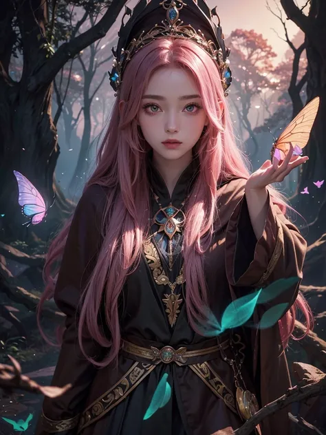 High quality, high resolution, close-up of a beautiful young wizard, wearing a brown robe and hood, close-up of long pink hair, moonlit forest, fantastical forest, fantasy art, wizard, glowing body, lots of butterflies around々 Wizard&#39;s wand