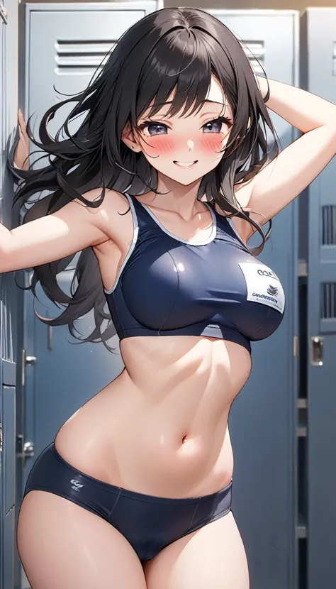 Highest quality, Great quality, 16K, Unbelievably absurd, Very detailed, delicate and dynamic,locker room, Create amazing image effects , receive, close(smile、Embarrassed、blush、Cute sexy girl, A large, swaying bust, Sensual expression, Cool girl, Black Hai...