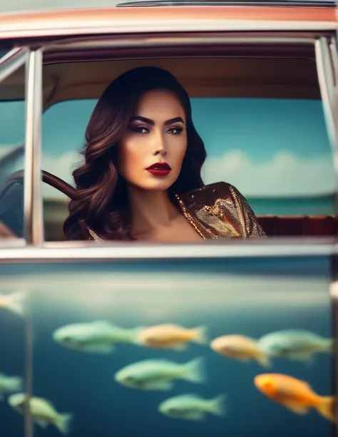 A close-up shot of a glamorous woman drive a car that resemble tiny fish tanks, captured with high-quality lighting to enhance her features. The depth of field is shallow, highlighting intricate details with stunning clarity in 32k resolution.