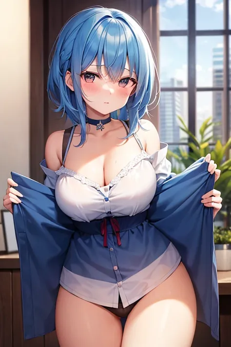 blue haired girl revealing clothes and blushing