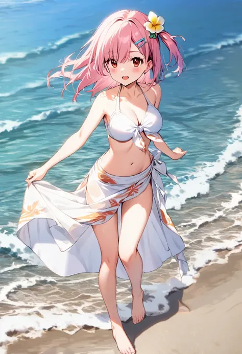 1 girl(white pareo, pink hair, half side up hair, flower hair clip, red eye, barefoot), sea side beach,