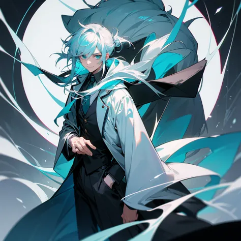 1 man with long white hair and hair tied back, wearing a black overcoat covering his white shirt with a cyan tie and black dress pants with pockets and chains while wearing a white scarf with a tall white background with a smile and a clock showing 12 hour...