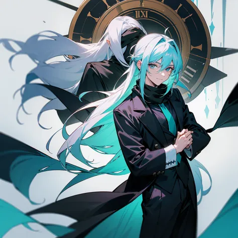 1 man with long white hair and hair tied back, wearing a black overcoat covering his white shirt with a cyan tie and black dress pants with pockets and chains while wearing a white scarf with a tall white background with a smile and a clock showing 12 hour...