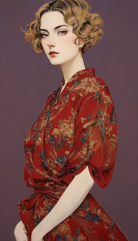 Sexy illustration of an elegant queen using chiaroscuro (((Short hair without bangs:1.4、beautiful eyes) , High quality ,Silk dress, matte paint, John Singer Sargent, author：Katsuya Terada、 Very soft colors, Deep and vivid, Deep red pastel, Very detailed, T...