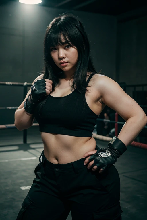 Chubby Korean girl with bangs and long black hair wearing black cargo pants, black cuto, green tank top and black half-finger gloves posing as a fighter in a fighting arena