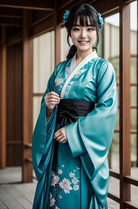 Pale beautiful woman, wearing a dark cyan furisode, with a menace smile, and a dark cyan hair, has a tar liquid on her mouth