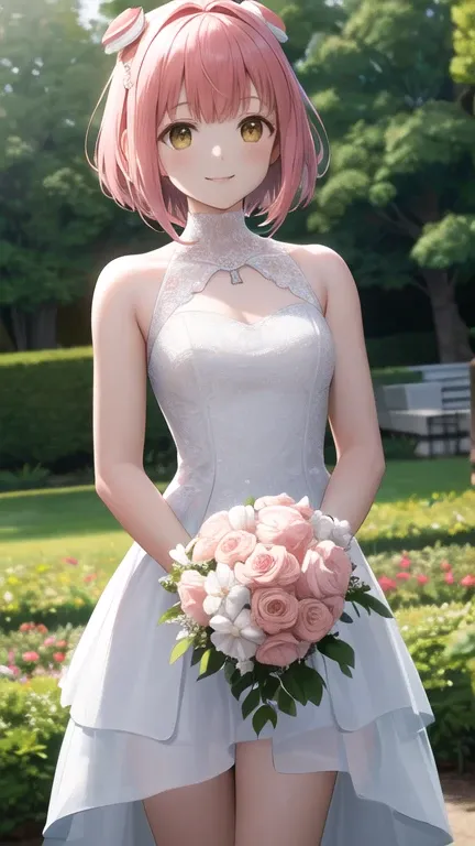 masterpiece, best quality, highres, aamomo, short hair, ahoge, hair ornament, wedding dress, standing, cowboy shot, garden, smil...