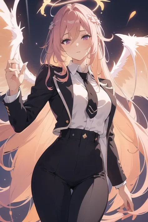 beautiful young woman, lithe physique, long messy peach colored hair, magenta eyes, halo, crown, white shirt, black tie, black jacket, black pants, suit and tie, small breasts, large ass, thighs, highly detailed, 8k, photorealistic, dramatic lighting, cine...