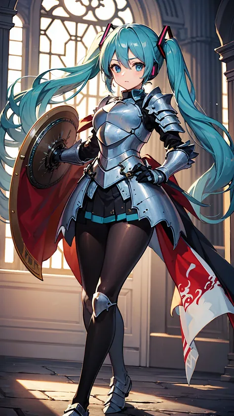 masterpiece, Highest quality, 8K Hatsune Miku VOCALOID, 1 Female, ((Dragon Armor)) ((knight armor)), Full Armor, (knight armor), black tights, church