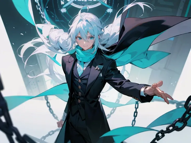 1 man with long white hair and hair tied back, wearing a black overcoat covering his white shirt with a cyan tie and black dress pants with pockets and chains while wearing a white scarf with a tall white background with a smile and a clock showing 12 hour...