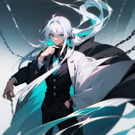 1 man with long white hair and hair tied back, wearing a black overcoat covering his white shirt with a cyan tie and black dress pants with pockets and chains while wearing a white scarf with a tall white background with a smile and a clock showing 12 hour...