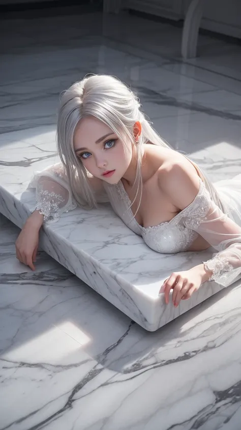 ((Girl lying on a marble table on a large floor))、Iris heterochromatic pupil，silver-haired girl，free high resolution,Off-the-shoulder semi-transparent pure white dress