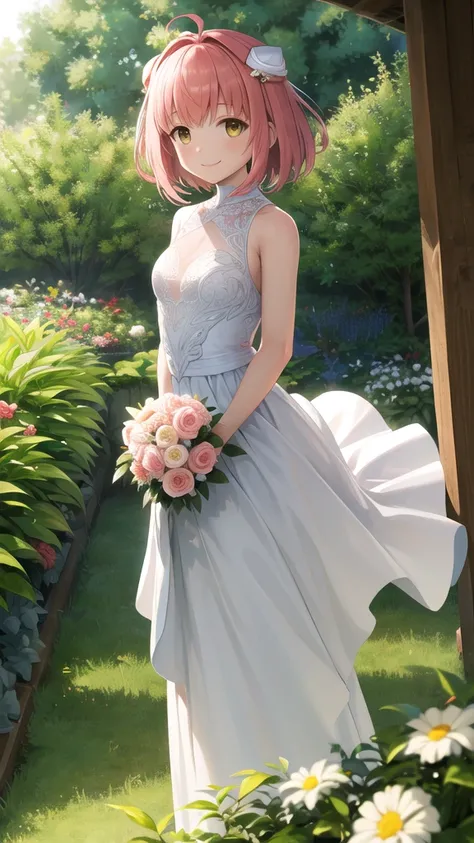 masterpiece, best quality, highres, aamomo, short hair, ahoge, hair ornament, wedding dress, standing, cowboy shot, garden, smile