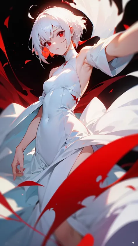 Red eyes white short hair white dress