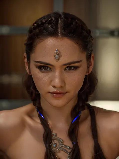 hostile Christina Chong beautiful face, narrowed eyes. smirk. black braided hair assassin wearing intricate ornate chrome bodysuit
