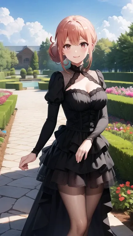 masterpiece, best quality, highres, gahamama, single hair bun, breasts, gothic, black dress, garden, standing, smile,