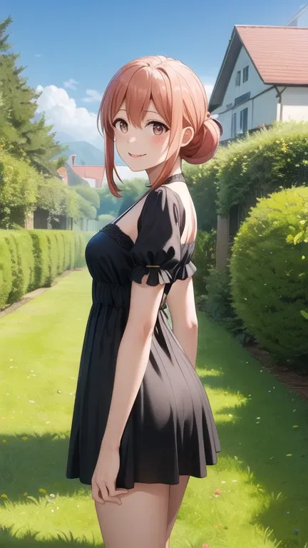 masterpiece, best quality, highres, gahamama, single hair bun, breasts, gothic, black dress, garden, standing, smile,