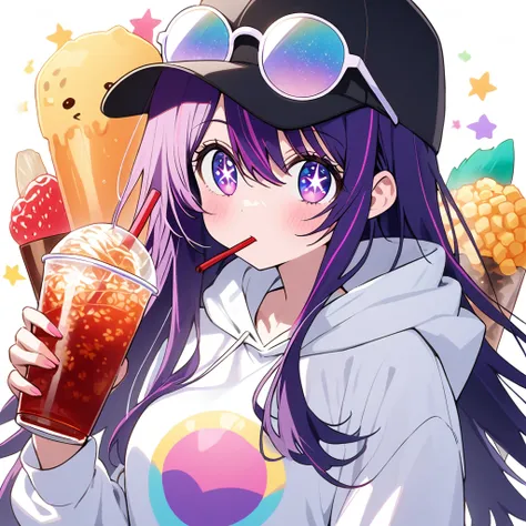 girl, hoshino ai, stars in my eyes, black cap, purple long hair, white hoodie, pastel white ((heart)) sun glasses, drink red tea...