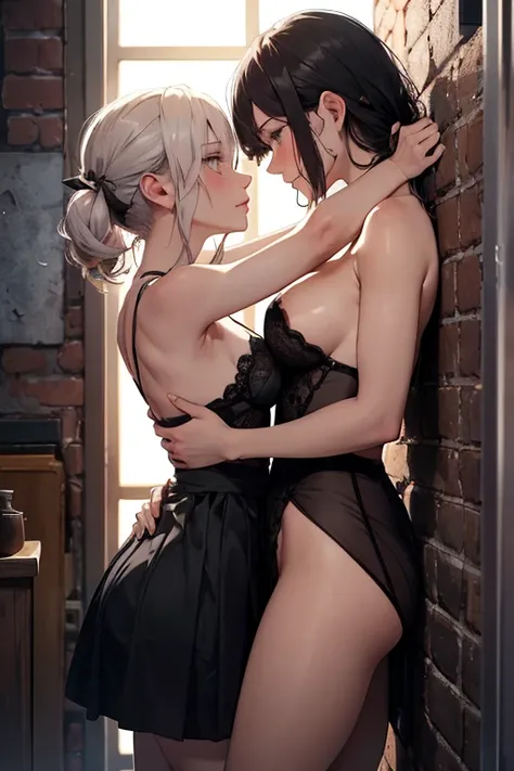 (masterpiece:1.2, of the highest quality, 8k, advanced details), In an intimate and NSFW moment, The two eighteen year old girls found themselves pressed against each other., Their bodies close enough to feel the heat radiating between them. A girl was tra...