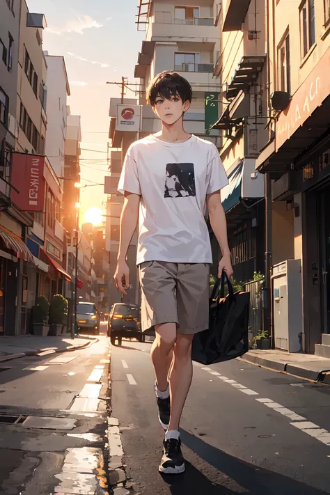 (absurd, very detailed, realistic, ), 1 Boy,mature, alone, black short hair, white t shirt,brown eyes,Taking a walk on a wide street in a bustling city with your hair blown and watching the sunset, Ultra-detailed, best quality, detailed diagram, 8k, graphi...