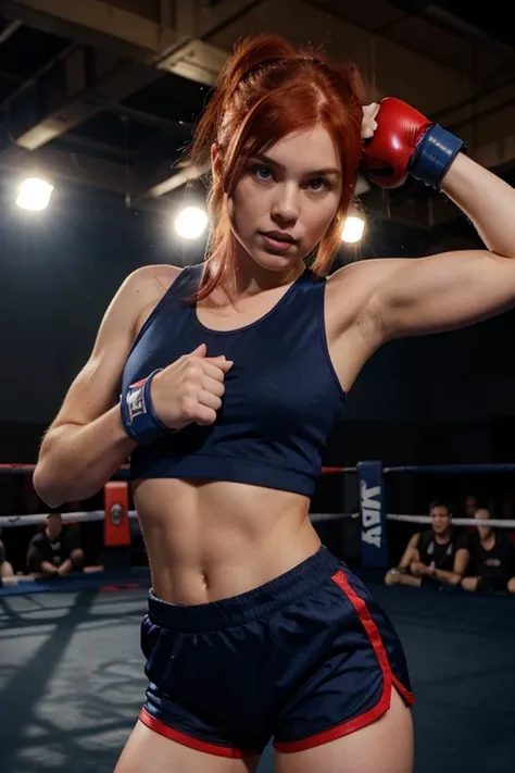 American girl with red hair wearing navy blue suplex shorts, navy blue tank top and red boxing gloves posing as a winner in a fighting arena